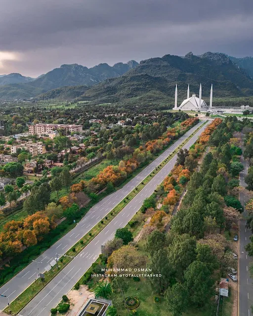 Arial view of Islamabad including Faisl masjid