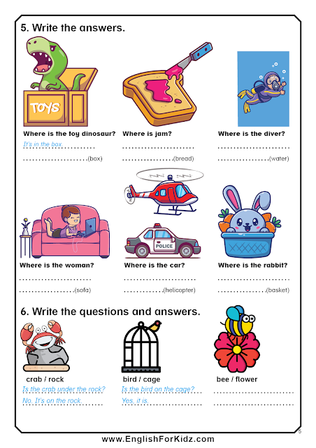 Prepositions in, on, under exercises - ESL printables