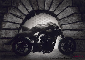 Hellcat motorcycle with nude male model in front of the Pitti Palace stone arch charcaol drawing original art