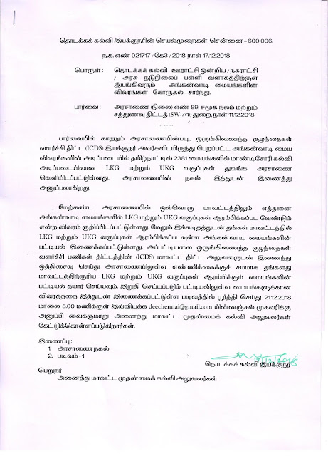 அரசாணை எண் -89 நாள்-11.12.2018- தமிழ்நாட்டில் 2381 மையங்களில் மாண்டிசோரி கல்வி அடிப்படையிலான LKG மற்றும் UKG வகுப்புகள் துவங்க அரசாணை வெளியிடப்பட்டுள்ளது மற்றும் தொடக்கக்கல்வி இயக்குநர் செயல்முறைகள்