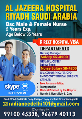 Urgently Required Male and Female Nurses for Al Jazeera Hospital Riyadh, Saudi Arabia