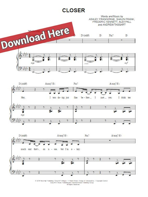 the chainsmokers, closer, sheet music, piano notes, chords, download, pdf, clavier noten, partition, keyboard, guitar, tabs