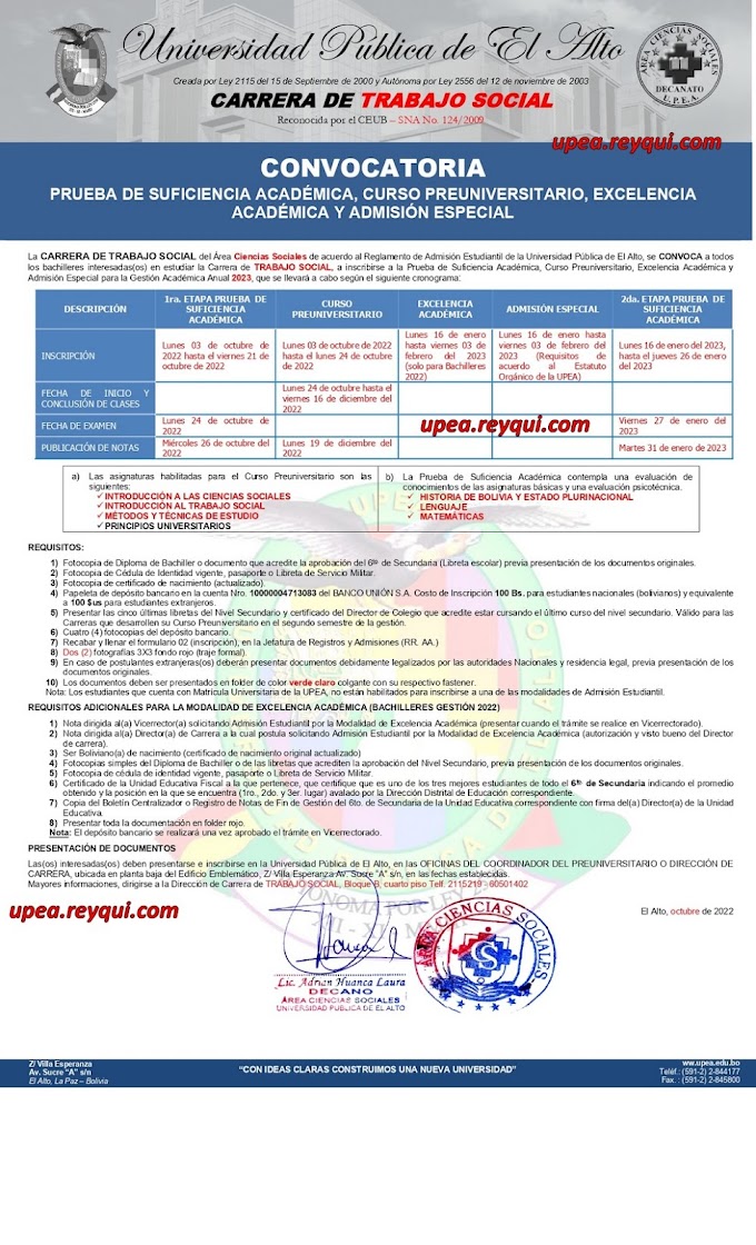 Trabajo Social UPEA 2023: Convocatoria para la Prueba de Suficiencia Académica, Curso Preuniversitario, Excelencia Académica y Admisión Especial