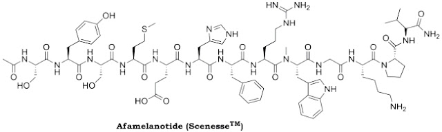 A afamelanotide (ScenesseTM) é um peptídeo sintético aprovado pela FDA (Food and Drug Administration) em 2019, sendo usado por pessoas portadoras da protoporfiria eritropoiética para prevenir danos na pele por exposição ao sol.