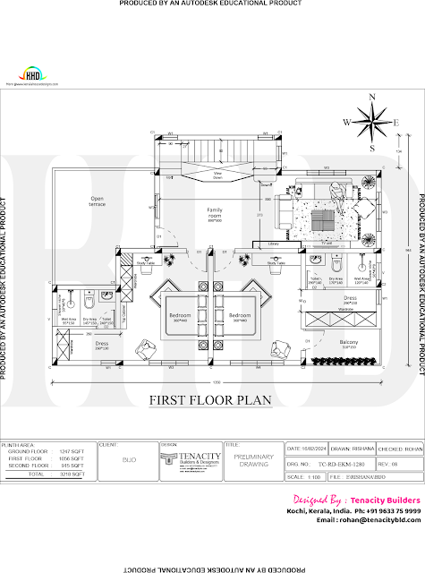 First floor plan of the luxurious 3-storey house in Kakkanad, Kerala, showcasing two bedrooms with attached toilets, dressing rooms, a balcony, and an upper living area