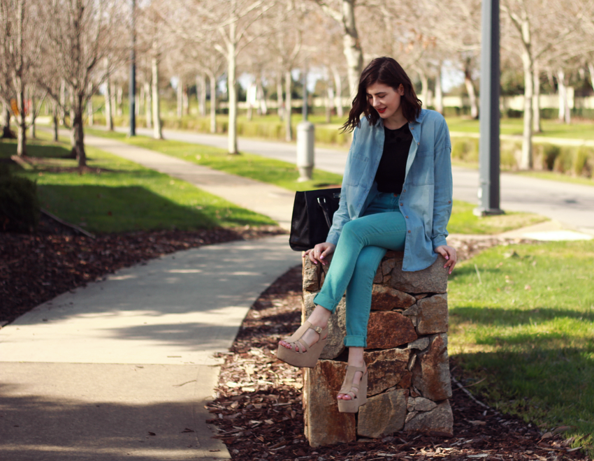 glassons, chambray shirt, glassons split back chambray shirt, likeaharte, like a harte, fashion blog, australian fashion blog, australian fashion blogger, melbourne fashion blogger, melbourne fashion blog, ivana, ivana petrovic, levi's high waisted, forever new, forever new bag, h&m australia, h&m top, mesh top, denim on denim outfit, platform sandals, the veronicas you ruin me, the mindy project season 3, the veronicas 2014