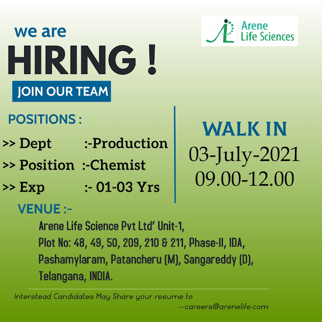 Job Availables, Arene Lifesciences Limited Walk-In Interviews for Production