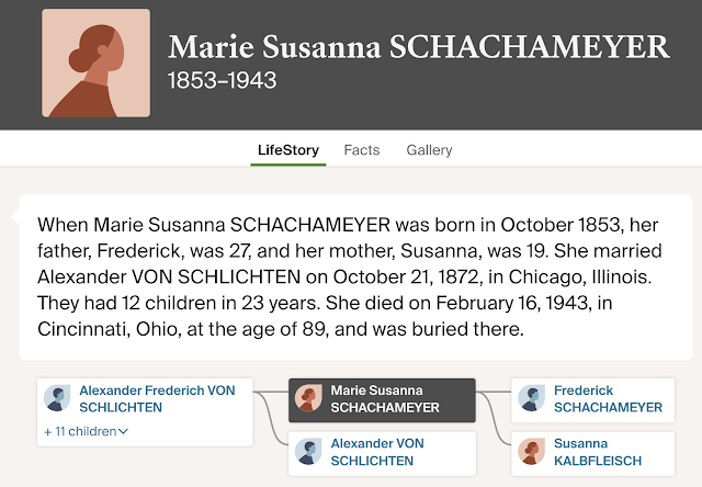 image from Ancestry.com showing birth and death dates, parents, and biographical summary for Marie Schachameyer Von Schlichten