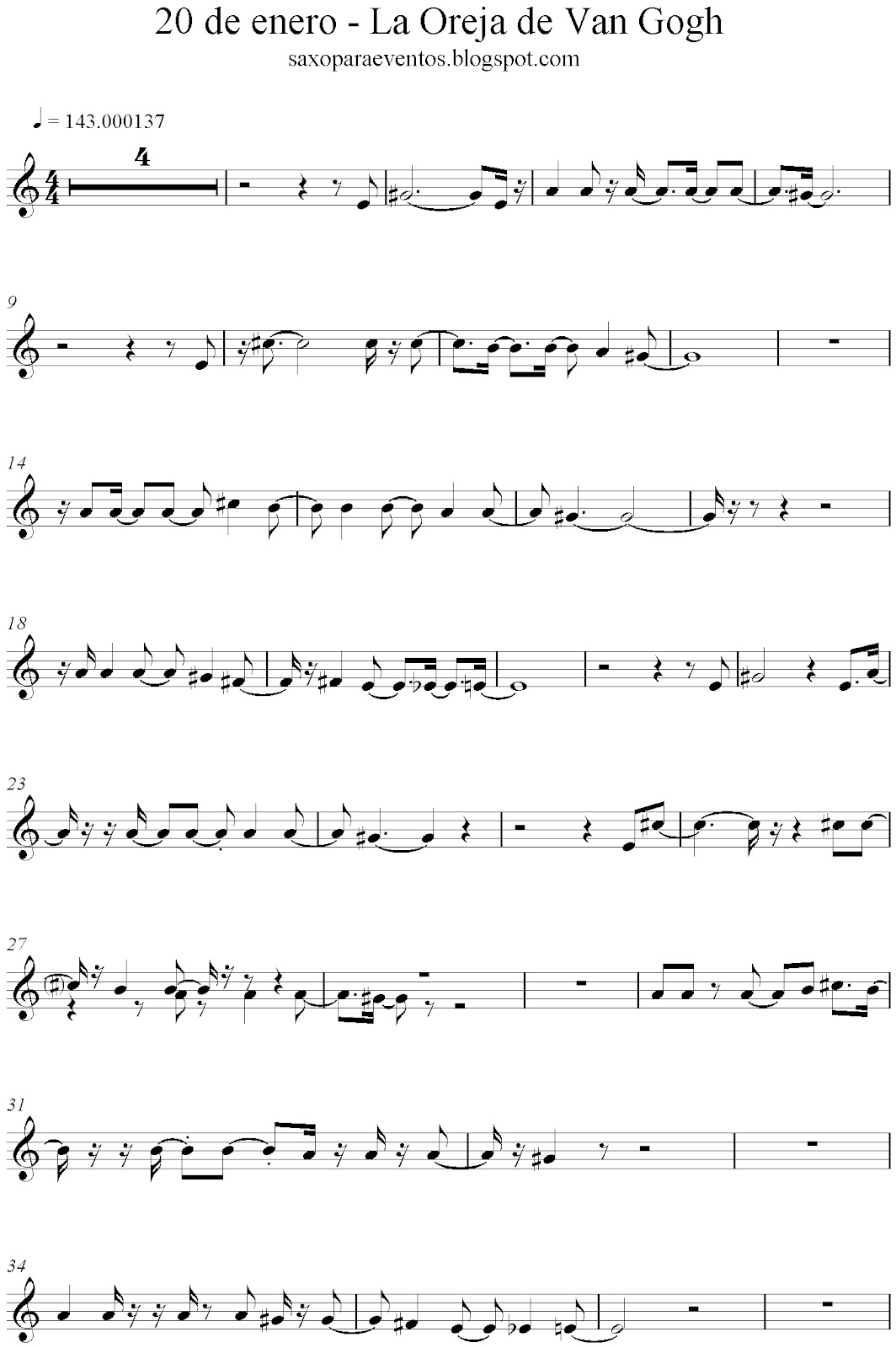 Partituras De 20 De Enero De La Oreja De Van Gogh Partituras Y Pistas Para Saxo Sheet Music And Play Along For Sax