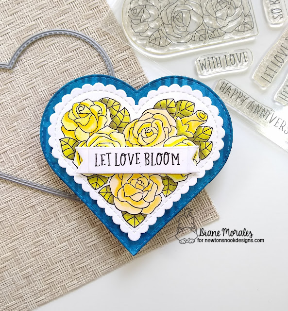 Let love bloom by Diane features Heartfelt Roses, Heart Frames, Serene Stripes, and Banner Trio by Newton's Nook Designs; #inkypaws, #newtonsnook, #shapedcards, #floralcards, #cardmaking,