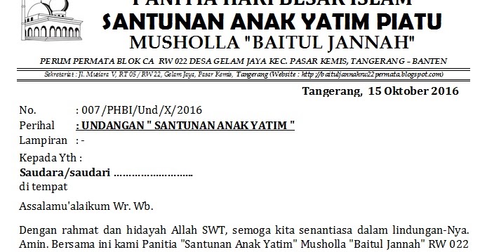 Contoh Surat Undangan Santunan Anak Yatim Piatu