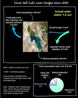 Figure 5. Great Salt Lake water budget, including a breakdown of consumptive water use. The reported numbers represent estimates from 2020-2022, the period of accelerated decline1,3,25,60,62,66,67. Because of inadequate monitoring and data availability, many of these estimates are uncertain.
