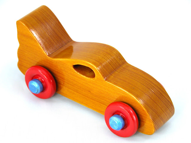 Wood Toy Bat Car from the Play Pal Collection Handmade and Painted with Amber Shellac, Bright Red, and Metallic Saphire Blue, Made To Order