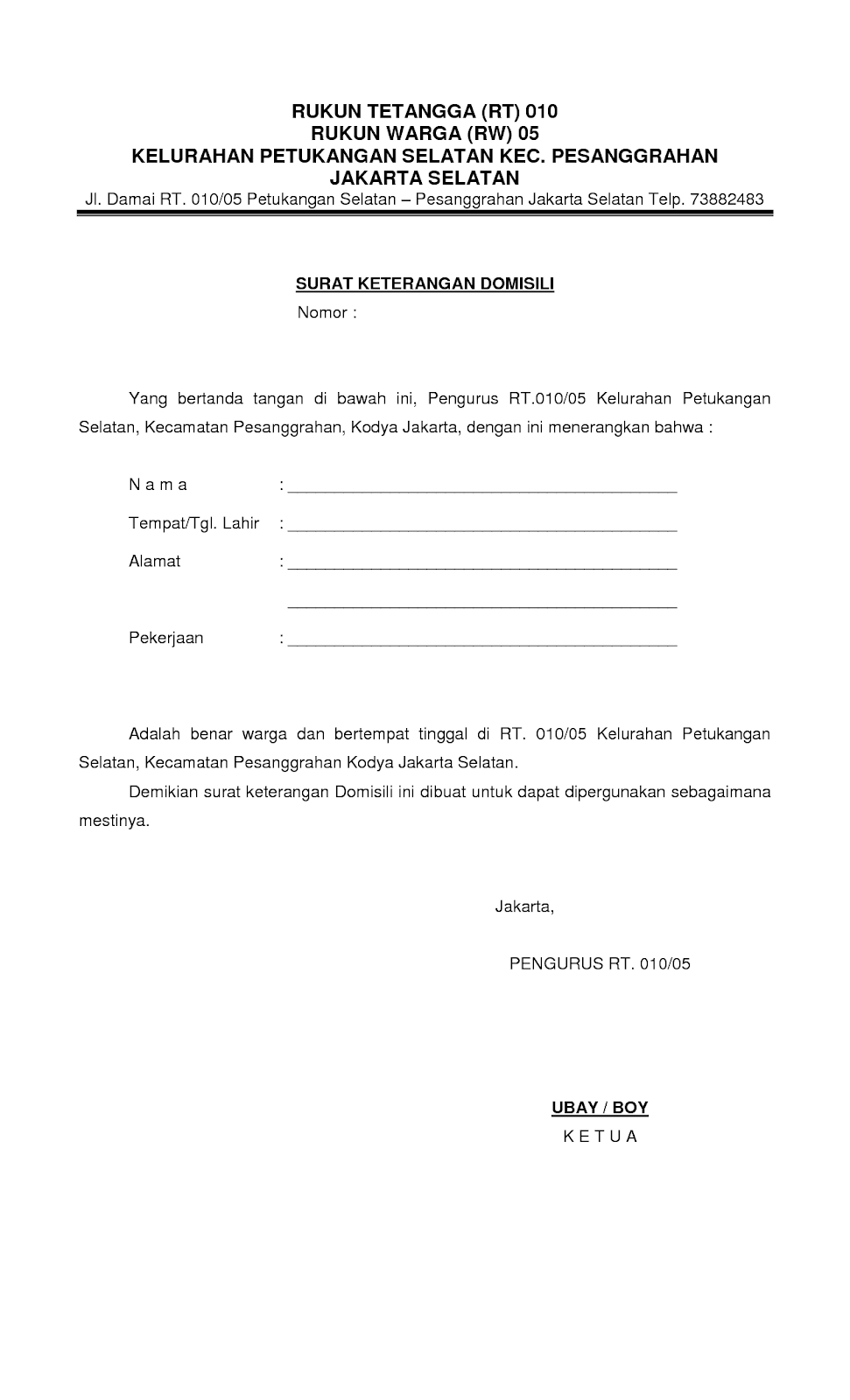 Contoh Surat Keterangan