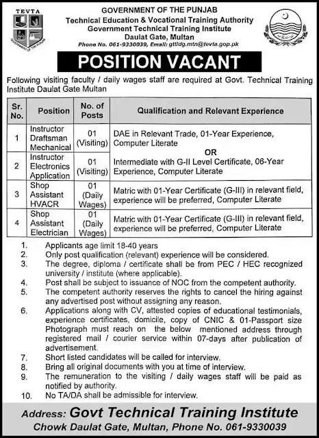 Latest Jobs at Government Technical Training Institute