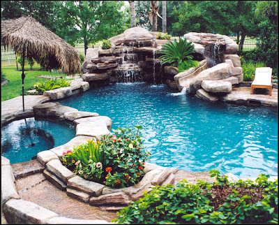 waterfall pool, outdoor pool, hot tub, natural looking pool