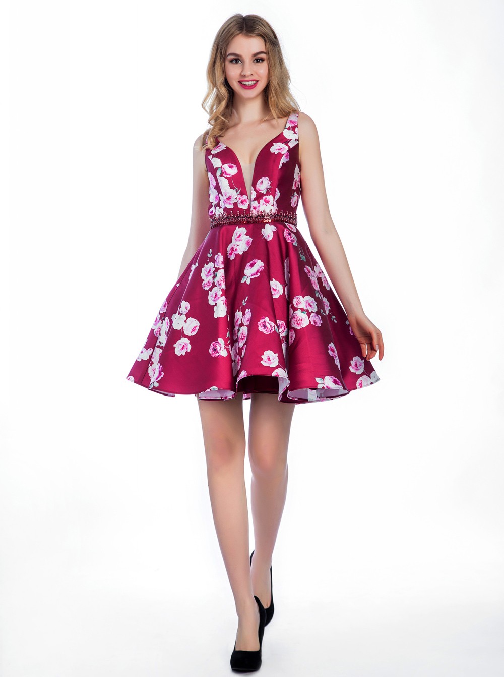  Cute A-line V-neck Backless Short Fuchsia Prom/Homecoming Dress With Beading