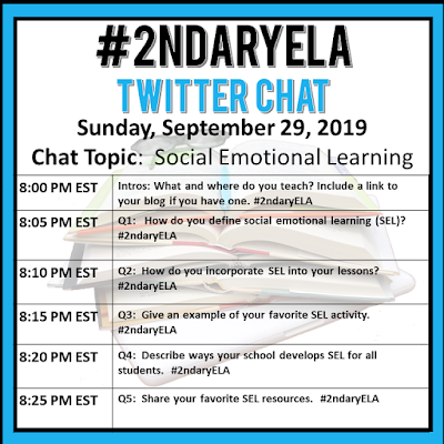 Join secondary English Language Arts teachers Sunday evenings at 8 pm EST on Twitter. This week's chat will be about social emotional learning.