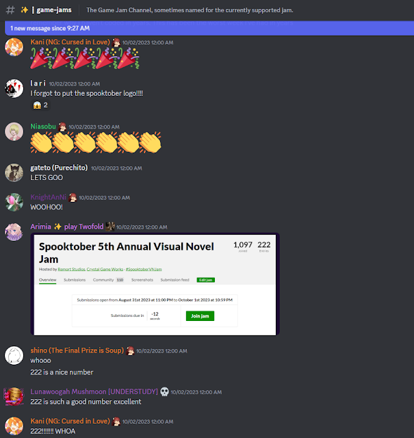 a screenshot of the #game-jams discord channel on devtalk+ at midnight on Oct 1st