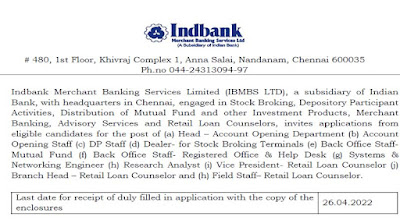 IndBank Recruitment 2022 For 73 Back Office Staff And Other Post