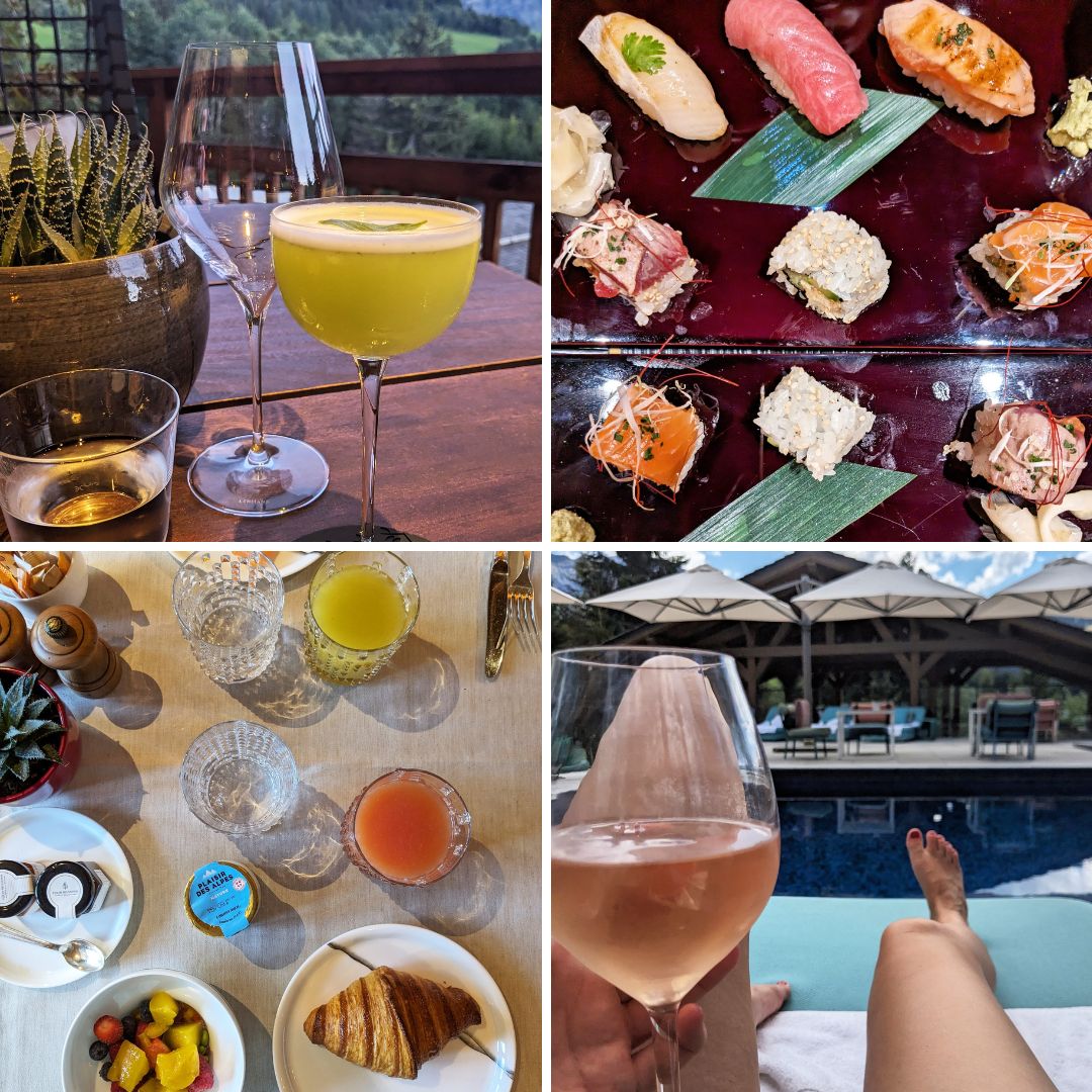 Photo montage of the food and drinks on offer at Four Seasons Megeve hotel. Clockwise from top left: a cocktail called Botaniste Sour at Bar Edmond, sushi platter at Kaito, a selection of breakfast items including juices and pastries, and Lydia Swinscoe enjoying a glass of rosé by the hotels' outdoor pool