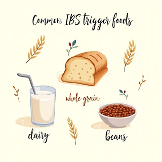 Common IBS trigger foods including dairy, bread, and beans"