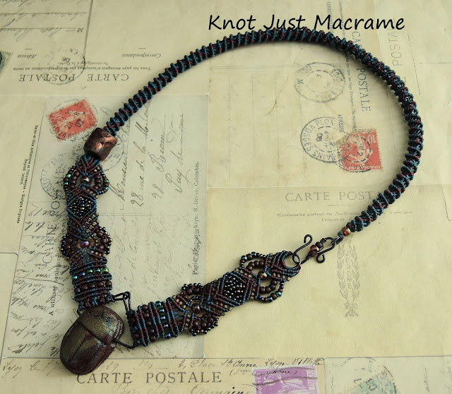 Raku scarab and knotted micro macrame necklace by Sherri Stokey 