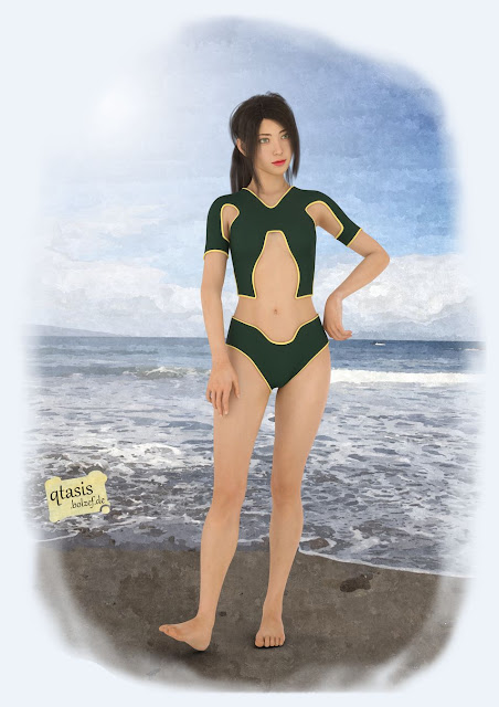 Brünette Taucherin Taya in dunkelgrüner Schwimmkleidung, bereit für ein Abenteuer | Brunette diver Taya in dark green swimwear ready for an adventure