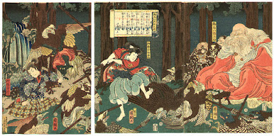 Ukiyo-e. Träsnitt. Tengu. Sōjōbō. Triptyk. Kunitsuna.