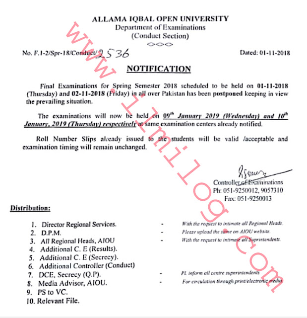 Notification of Exam Center AIOU Datesheet 2018