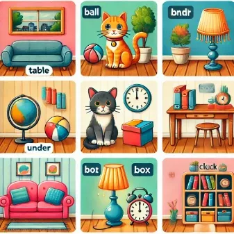 A colorful educational illustration showing different prepositions of place, including a cat on a table, a ball under a chair, a book in a box, a lamp next to a sofa, and a clock above a shelf in a cozy room setting.