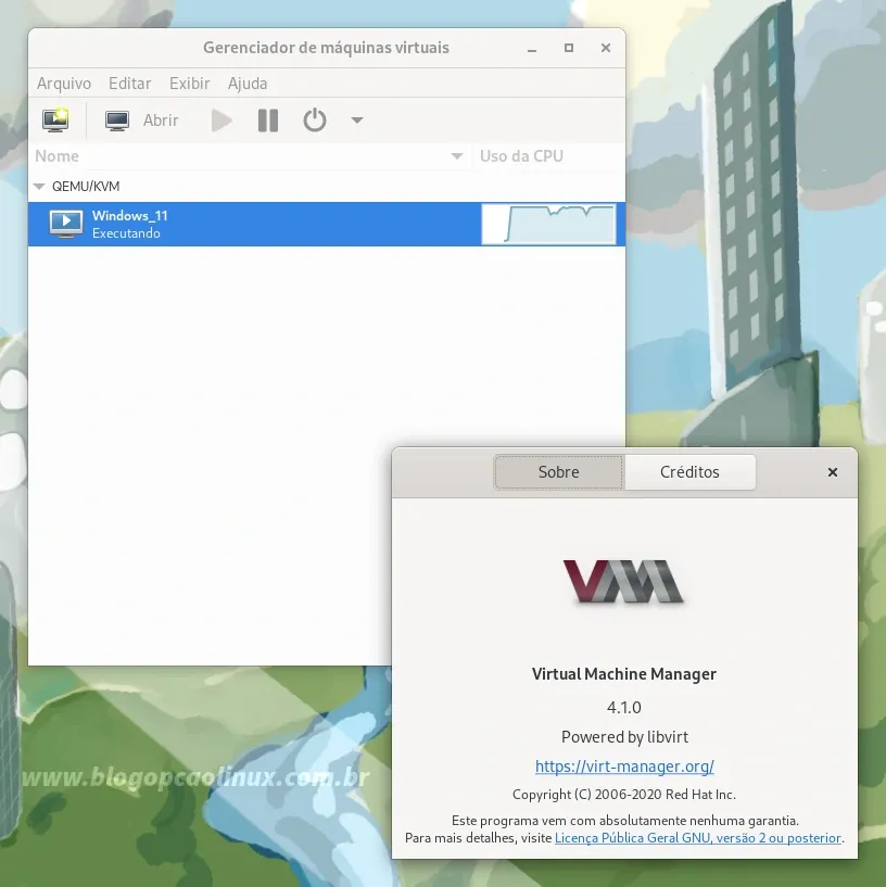 Virtual Machine Manager executando no Fedora 37 Workstation