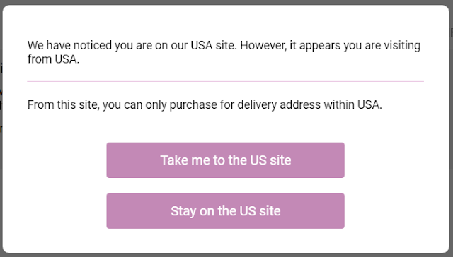 Browsermelding op michaelhill.com: 'We have noticed you are on our USA site. However, it appears you are visiting from USA.'