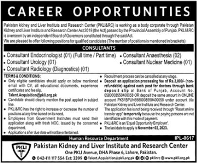 Pakistan Kidney And Liver Institute Medical jobs in Lahore 