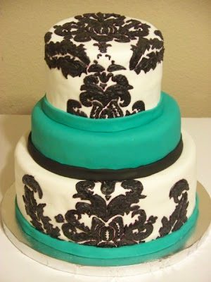 black white turquoise wedding cake