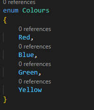 Enum in C# Above I have created an enumeration called "Colours" with four named values: "Red", "Blue", "Green", and "Yellow". We can use this enumeration to create variables that can hold one of these four values.  by Ziggy Rafiq