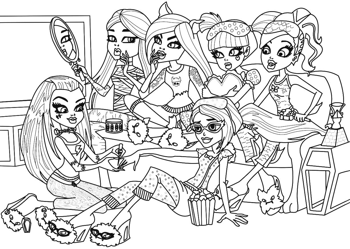 Monster high free printable coloring sheet for Cleo de Nile Clawdeen Wolf Draculaura Lagoona Blue Frankie Stein and Ghoulia Yelps wearing pajamas during