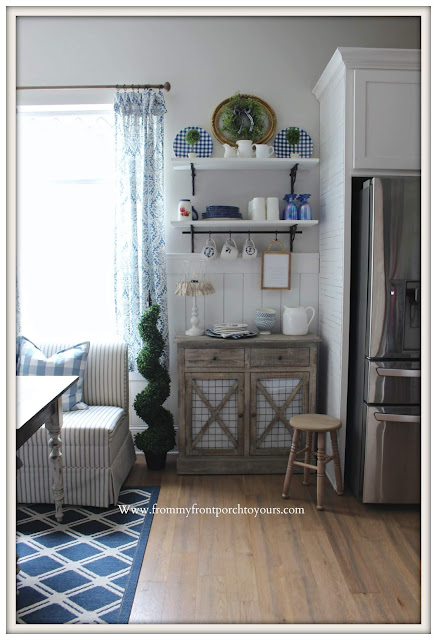 Breakfast- Nook-French-Country-Farmhouse-Cottage-Style-DIY-Open-Shelving-Blue & White--From My Front Porch To Yours