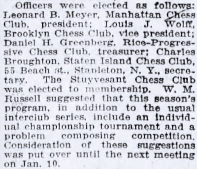 Louis J. Wolff, Brooklyn Chess Club, vice president