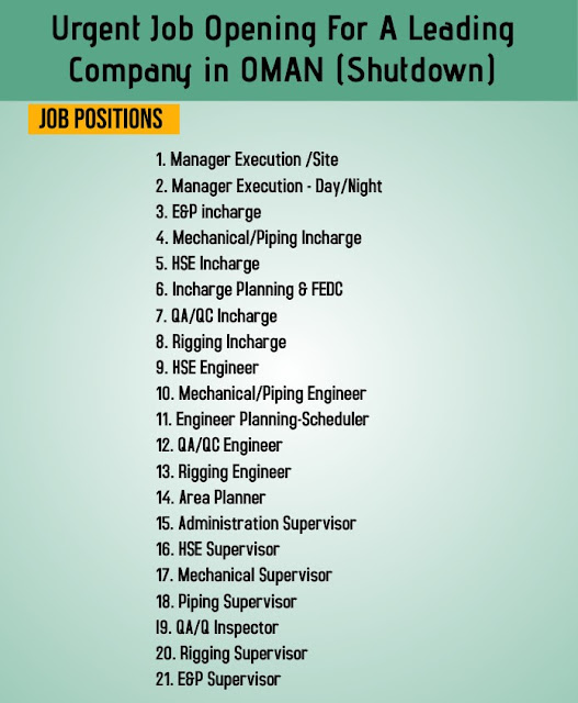 Oman shutdown jobs - Urgent requirement