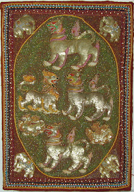 Traditional wall hanging of Myanmar depicting mythical Chinthes (lions)
