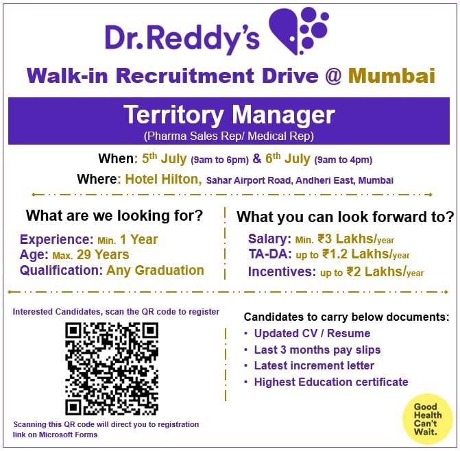 Job Available's for Dr.Reddy's Ltd Walk-In Interview for Territory Manager