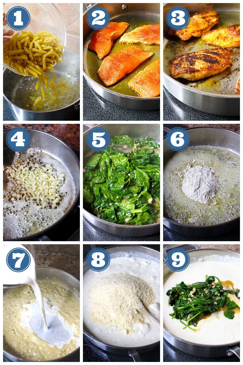A collage of step by step photos of Salmon Spinach Pasta being made.