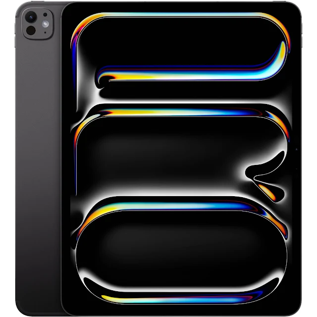 Artistic representation of the 2024 iPad Pro featuring abstract colorful ribbons flowing over a black background, with a side view showing the device's camera.