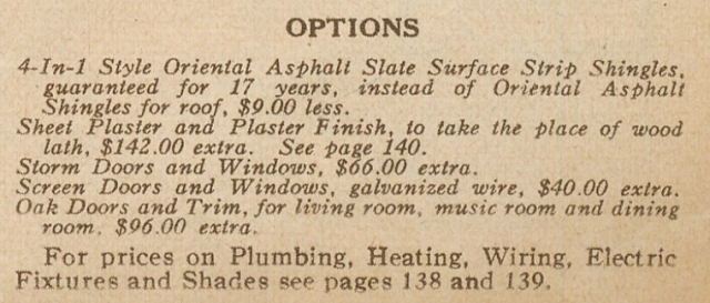 Sears Modern Homes catalog showing additional options listed for the Ardara, in 1928