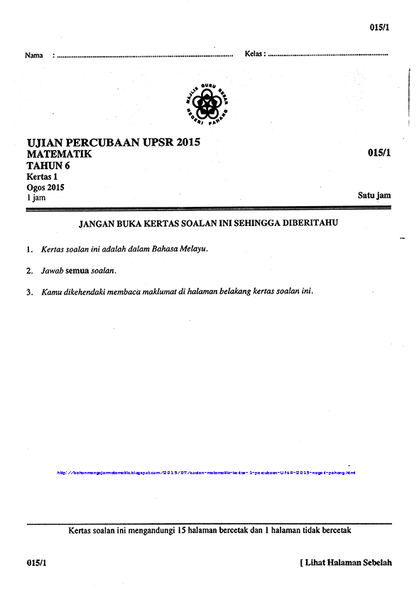 Soalan Matematik Kertas 1 Percubaan UPSR 2015 Negeri 