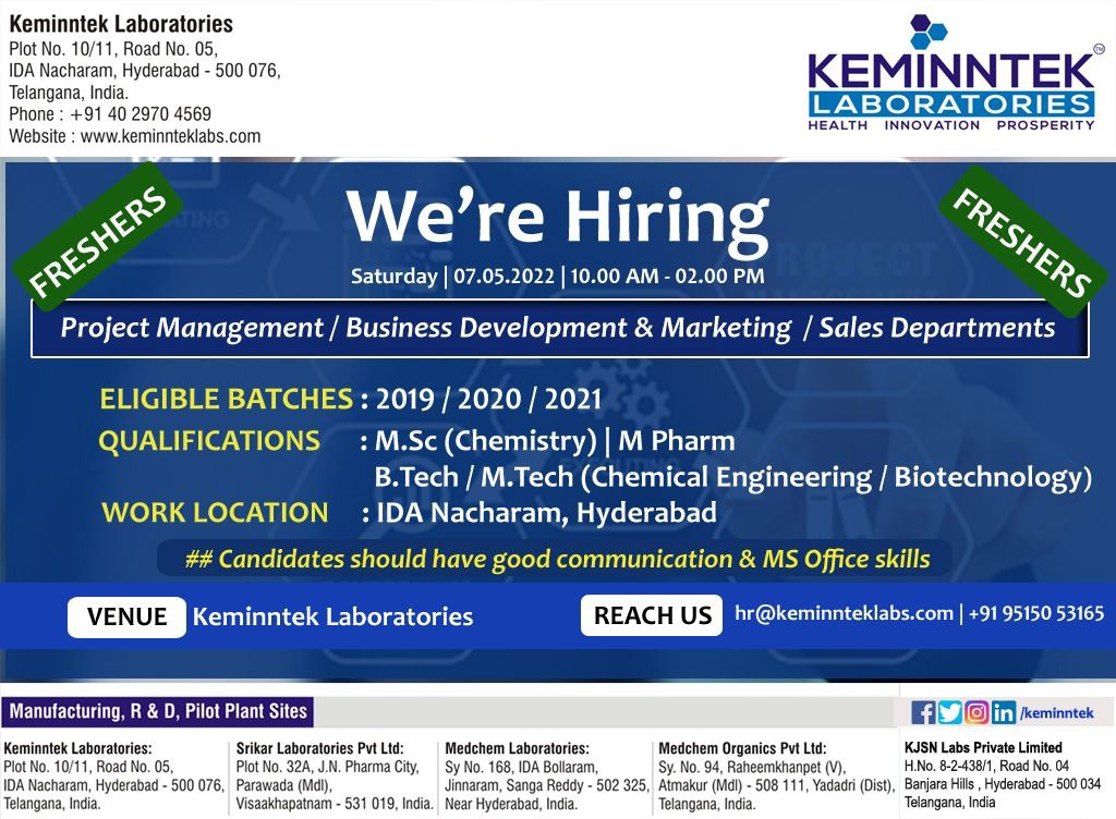 Job Availables,Keminntek Laboratories Job Vacancy For B.Tech/ M.Tech ( Chemical/ Biotechnology)/ MSc/ M.Pharm- Freshers