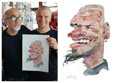 Amazing watercolor caricature of a smiling bald and beard man