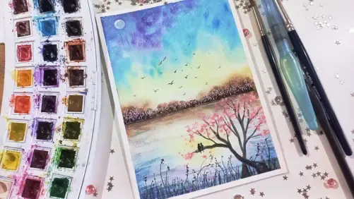 Pintura em Aquarela: Amanhecer Sereno