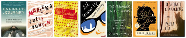 a collage of book covers of seven books: Enrique's Journey, Marlena, The Middlesteins, All Grown Up, Stranger in the Woods, Little Bee and Desperate Characters